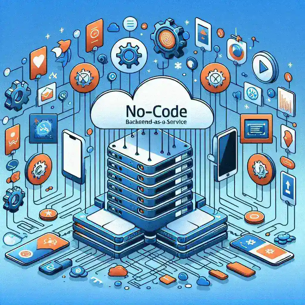 "Visual representation of No-Code Backend-as-a-Service platforms showcasing streamlined development processes, featuring icons for popular tools and a developer collaborating on a laptop, symbolizing efficiency in app development."
